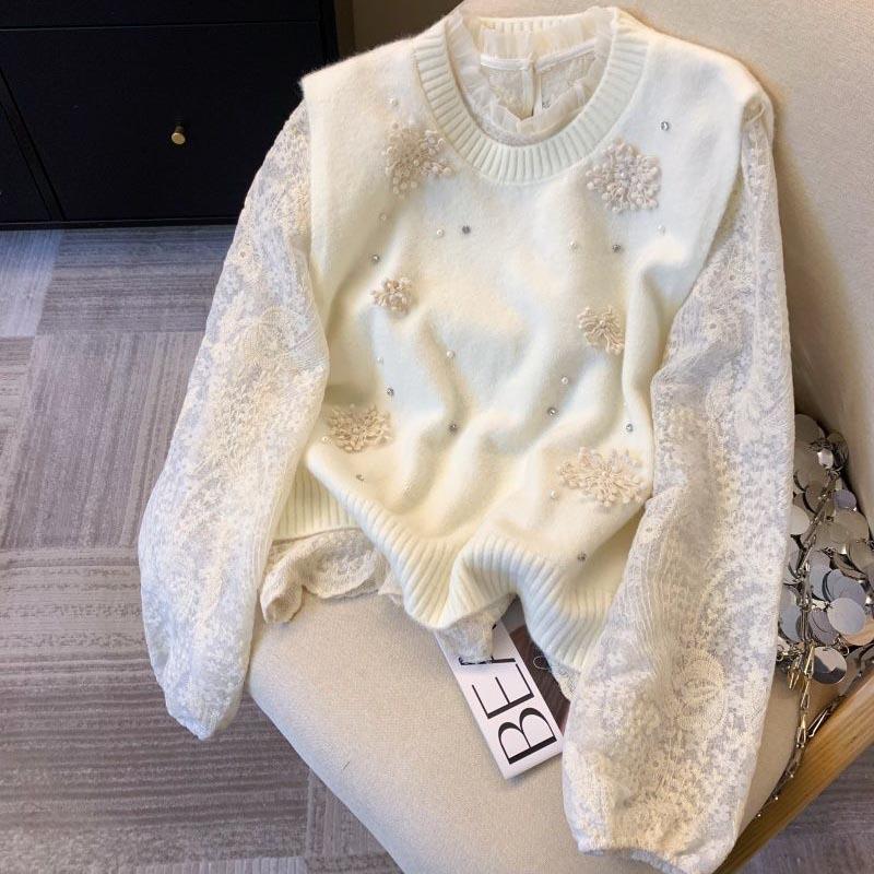 Set Top for Women Winter Flower Knit Sweater Vest Lace Slim Long Sleeve Bottom Shirt Two Piece Set