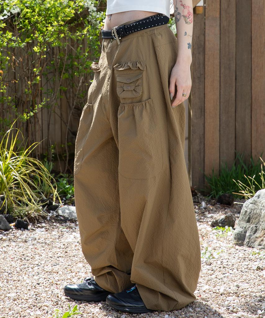 RuNaKi'Hu' Wxp042 Saki Frill Seersucker Wide Pants (Brown)