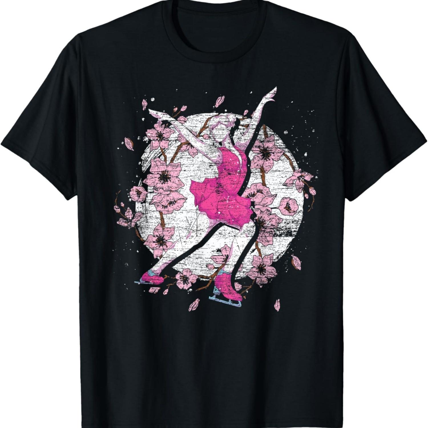 Фигурист Сакура Фигуристка Вишневый Цвет Катание на коньках Футболка S чёрный