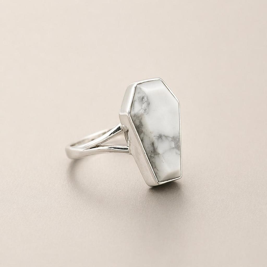 925 Sterling Silver Coffin Ring, White Howlite Gemstone Ring, Minimalist Boho Statement Ring, Handmade Geometric Coffin Jewelry