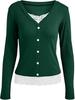2025 Versatile V-neck Button Ribbed Lace Patchwork Long Sleeve Women's Top
