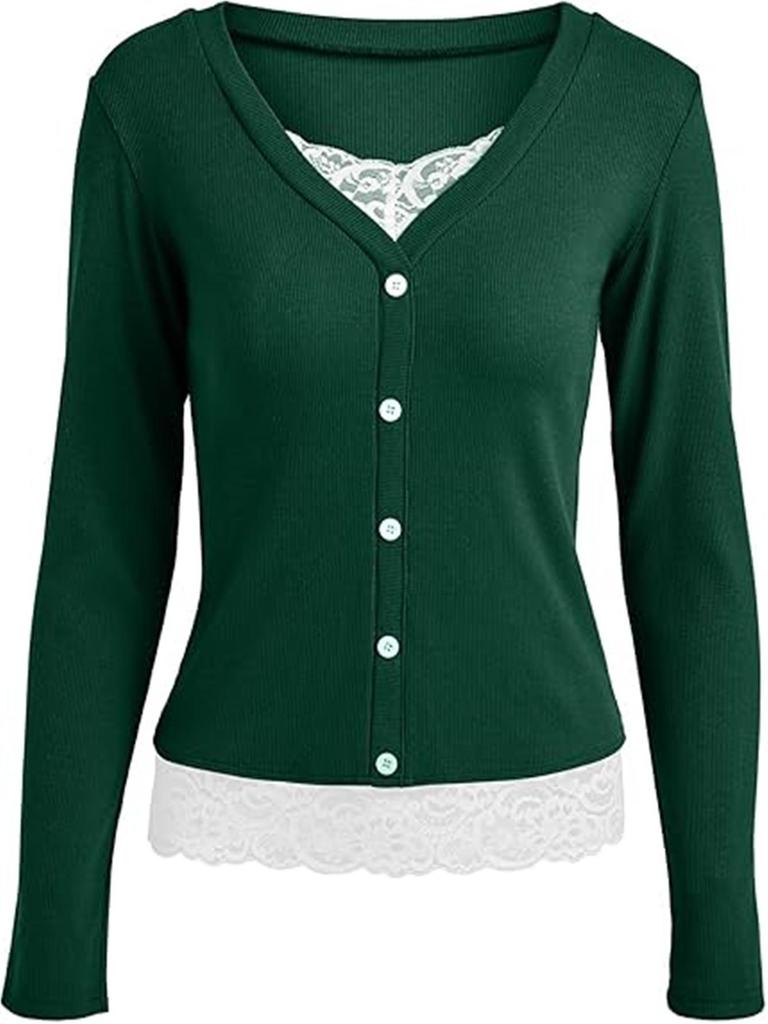 2025 Versatile V-neck Button Ribbed Lace Patchwork Long Sleeve Women's Top