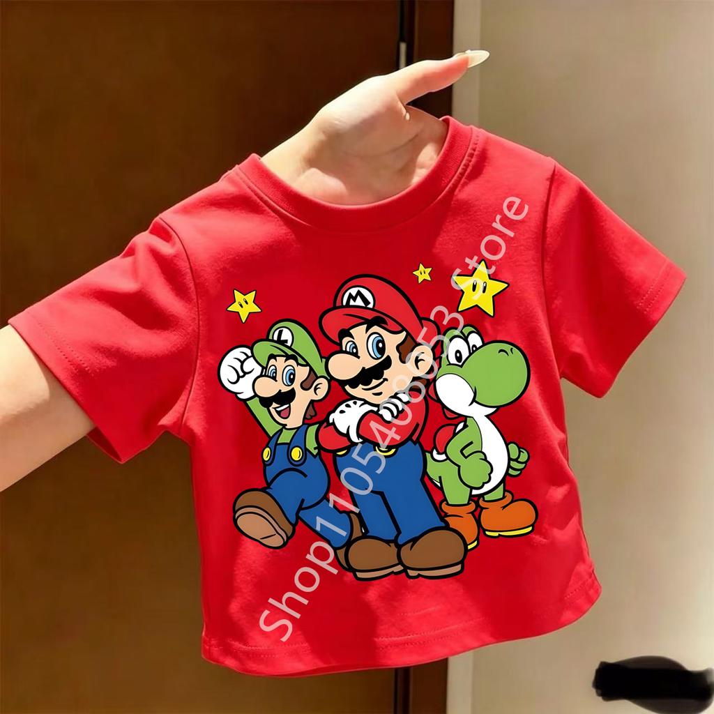 Super Marios Tshirt for Children Cartoon Anime Clothes Round Collar Clothing Short Sleeve Kid Summer Tee Top
