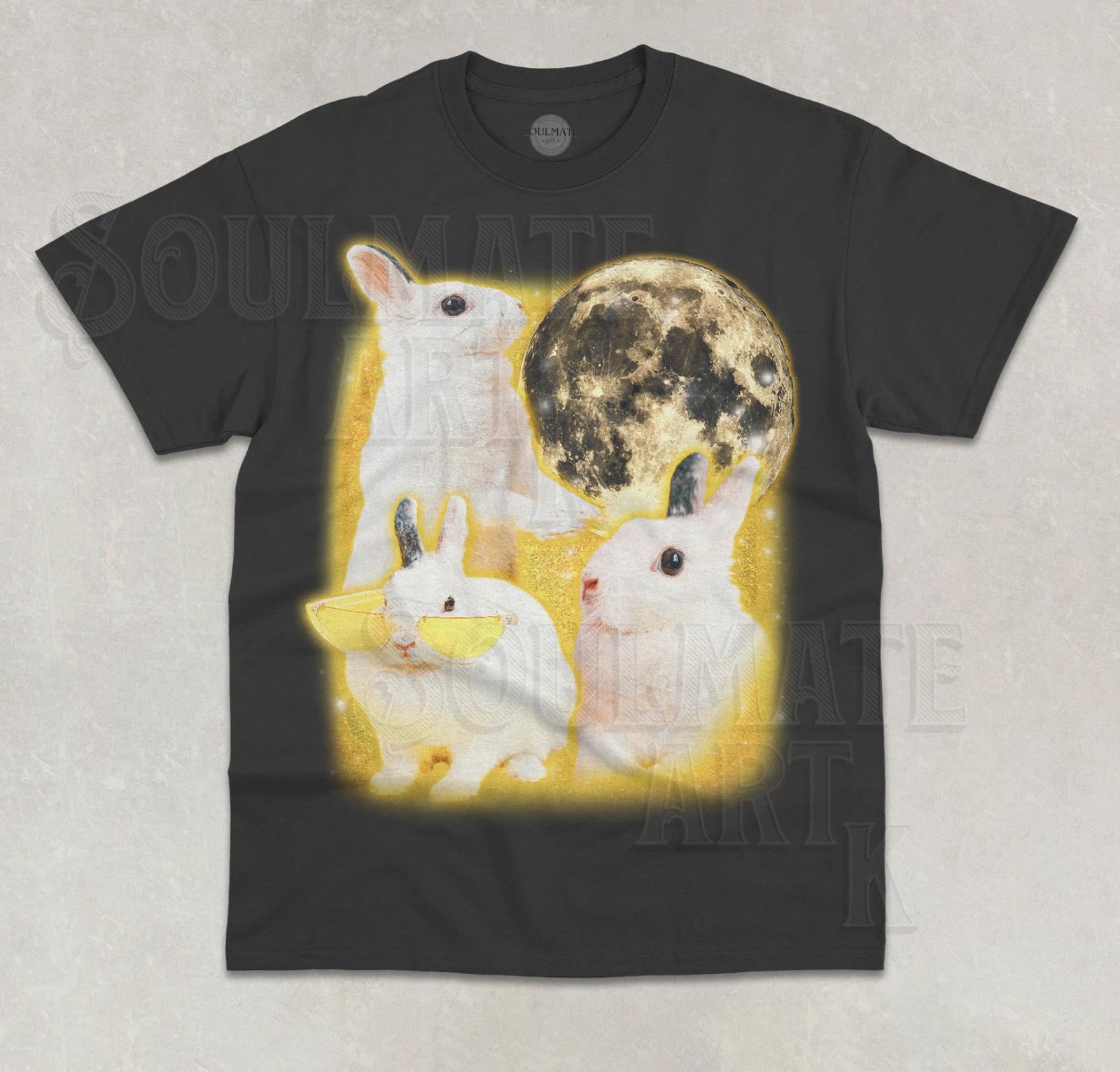 Three Rabbits Moon T-Shirt Funny Cute Meme Rabbit Animal Unisex Graphic Shirt M
