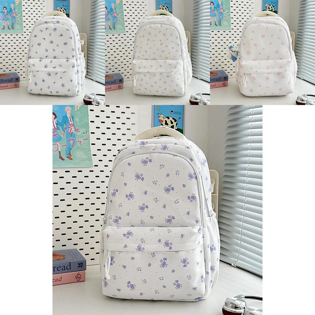 Minimalist Nylon Student Backpack With Geometric Pattern And Floral Details For Daily Use