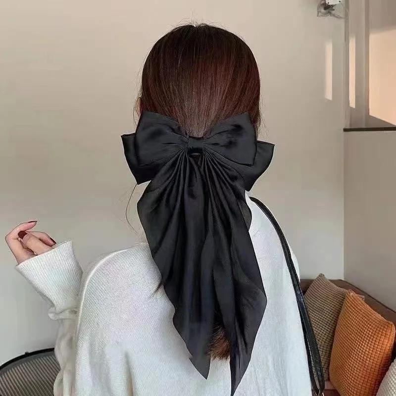 Women Large Bow Hairpin Elegant Long Ribbon Bow Hair Pins Fashion Simple Hair Clip Back Head Clips Half Tied Hair Accessories
