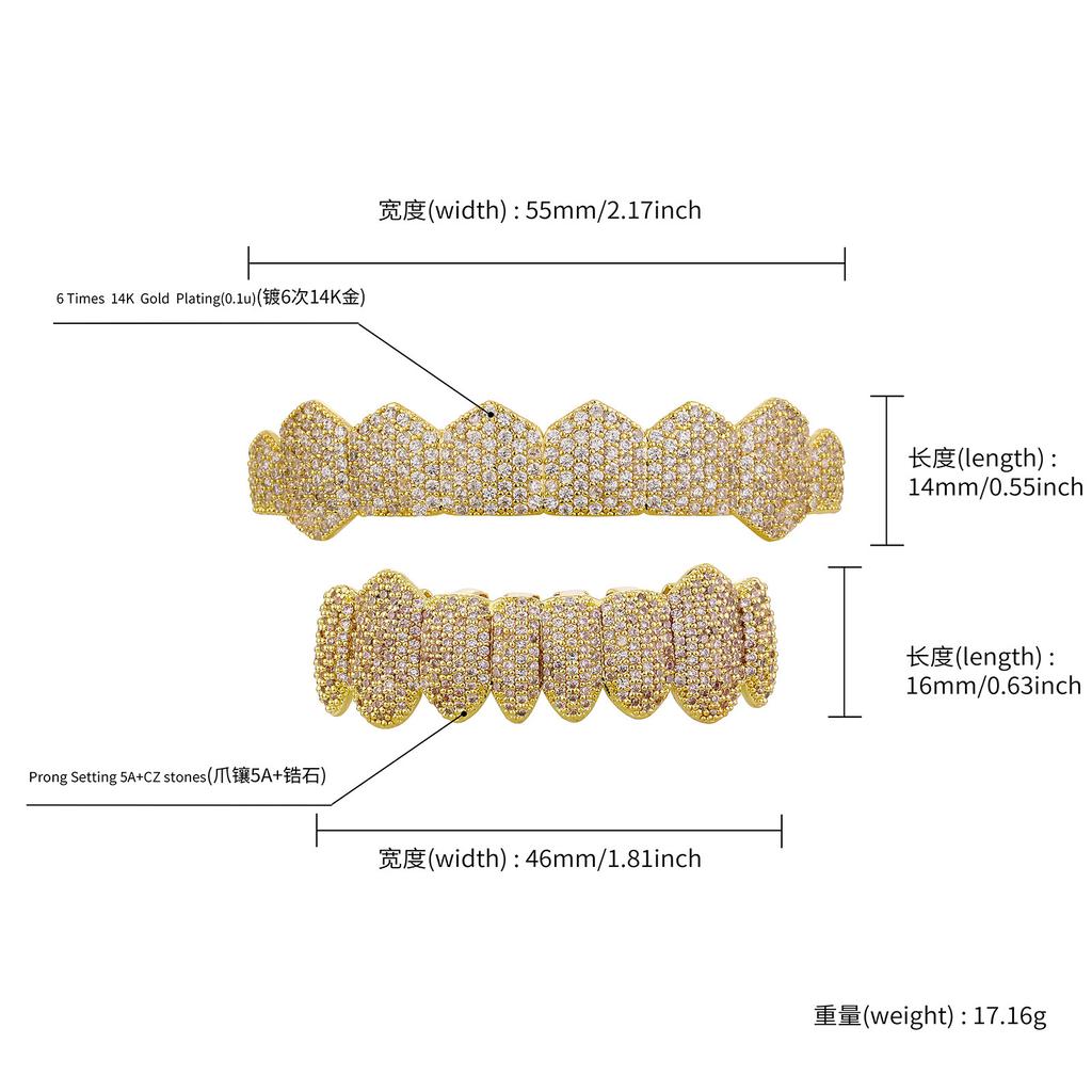New Stock Hip Hop Iced Out Zircon Grillz Full Diamond 14K Gold Plated 8 Tooth Sharp Cool Braces Iced Out Teeth Grillz