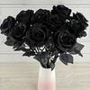 Sztuczne czarne róże na długich łodygach, z tworzywa sztucznego, nigdy nie więdną, odpowiednie na Walentynki, rodzinne przyjęcie weselne, atmosferę Halloween