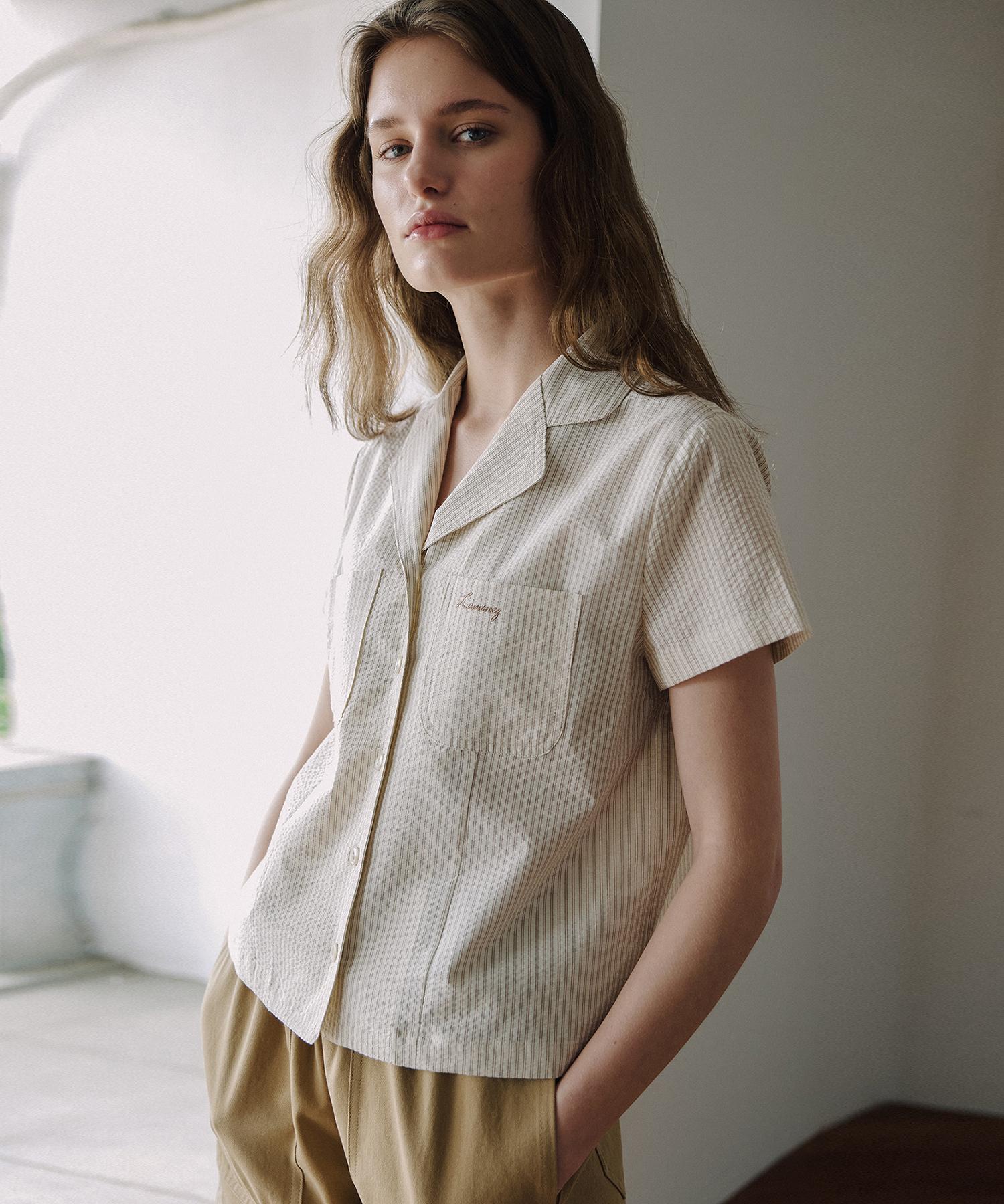 Laminez Two-Pocket Striped Shirt - Beige Beige/One Size