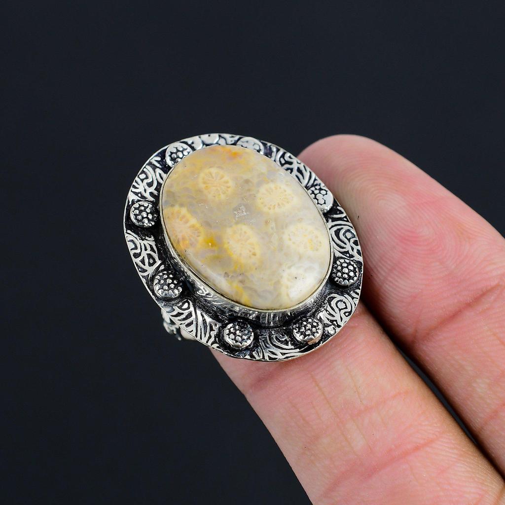 Mothers day Deal 925 Sterling Silver Natural Fossil Coral Stackable Ring Jewelry