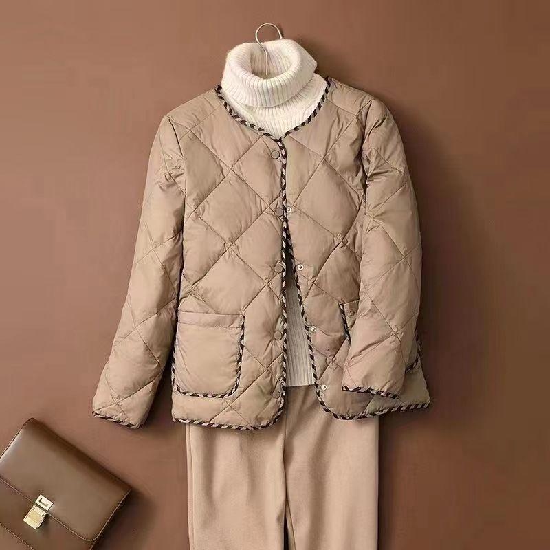 Kurze Baumwolljacke für Damen, Retro Rundhalsausschnitt, Herbst und Winter, Klassisches Karomuster