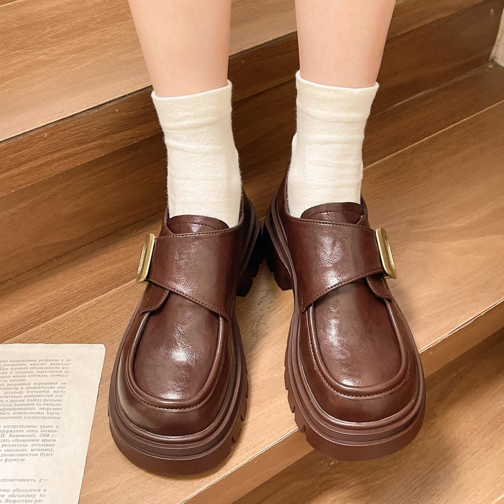 Platform-soled Versatile Loafers Women's 2025, Autumn New Models, Thick Heels, Foreign Style, Small Leather Shoes, Velcro High Heels, Single Shoes