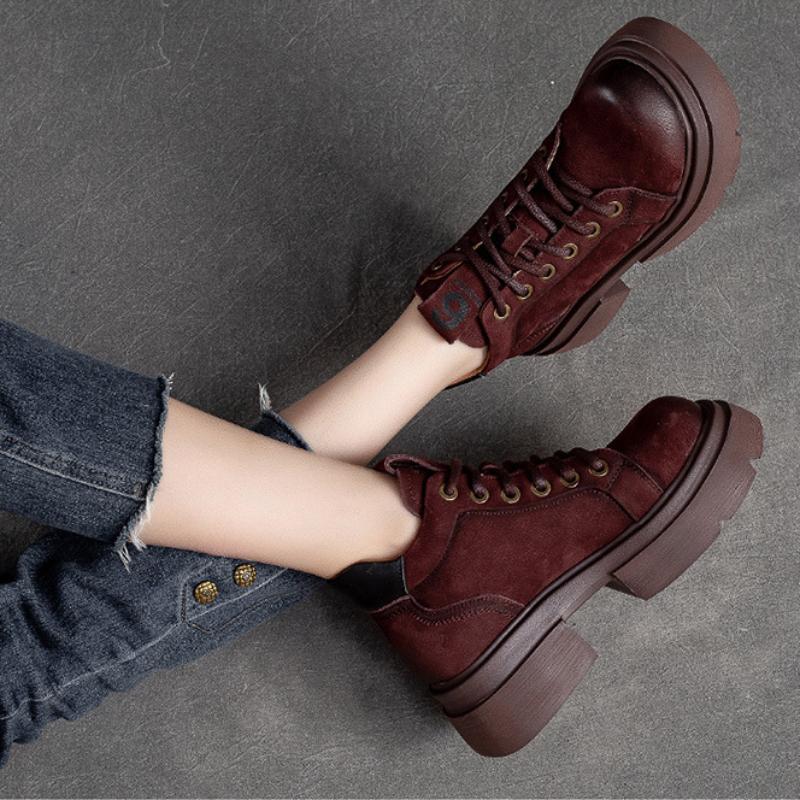 Johnature Retro Genuine Leather Lace-up Short Boots Round Toe Thick Sole Casual Versatile Women's Shoes