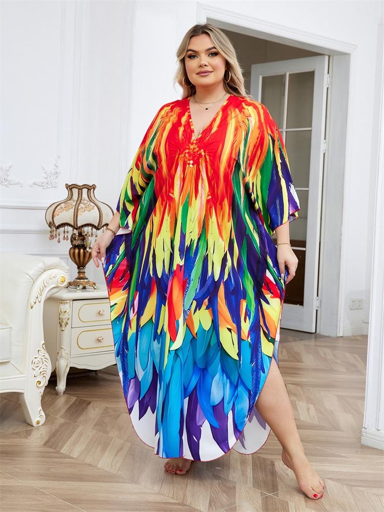 EDOLYNSA Plus Size Women Kaftan Dress Outfits Boho Colorful Printed Vacation V-neck Split House Robe Summer Beachwear Bathing Suit Cover Up Q1588