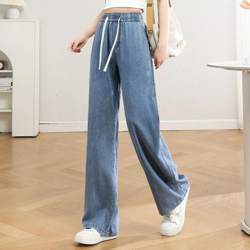 

Тонкие Удобные Джинсы из Тенсела Женские Свободные с Высокой Посадкой Приятные к Коже Длинные Джинсы XXL синий