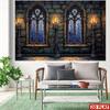 A 2D flat background featuring a medieval castle design with Gothic windows and stone walls.zyc