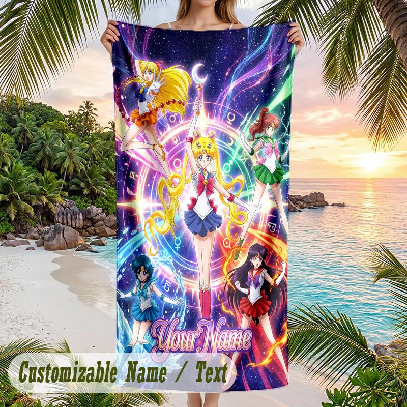 Sailor Moon Beach Towel, Personalized Custom Name Text, Quick Dry Large Absorbent Towel For Beach Pool