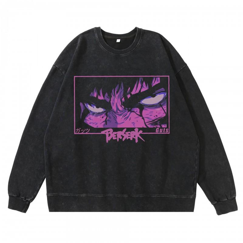 Heavyweight 360g Washed Vintage Berserk Anime Streetwear Cotton Pullover Hoodie-Free Crewneck Sweatshirt Men