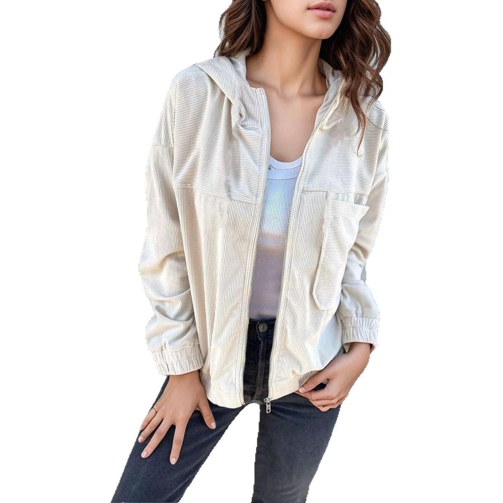 Women's Corduroy Hooded Jacket - Minimalist European & American Style for Spring & Autumn