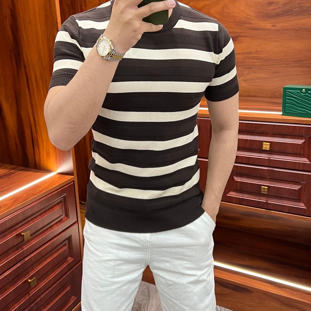 Summer Breathable Versatile Short Sleeve Slim Fit T-Shirt Casual Textured Thick Stripe Trendy Men's Knitwear