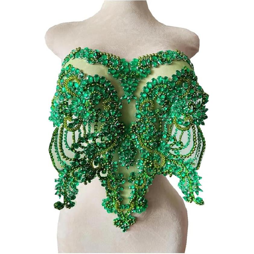 Handmade red/Blue/Gold/Green Rhinestones Lace Bodice Applique Sewing Beads Crystal Trim Patches Accessory for Dress Clothes (Light Champagne)