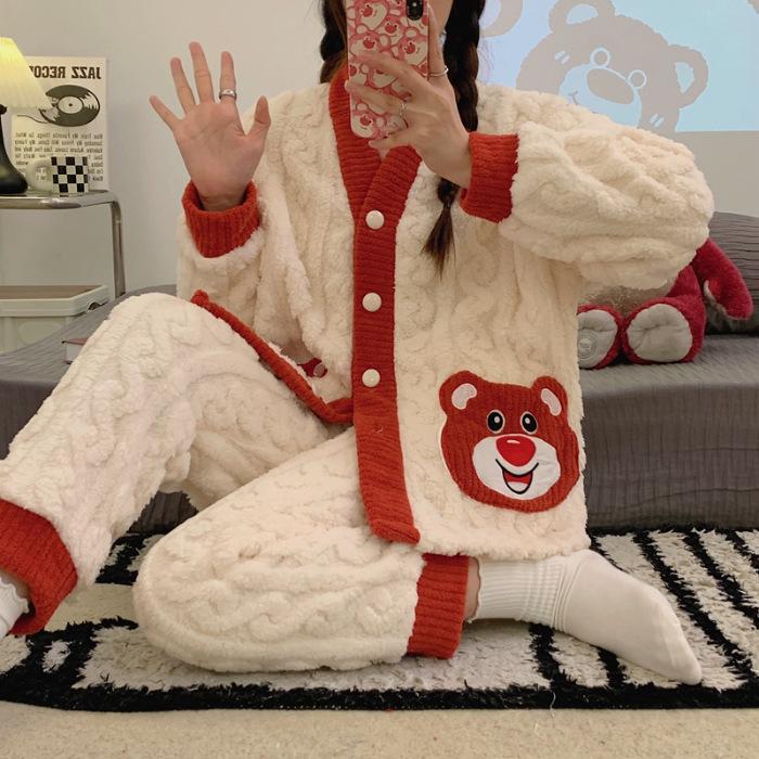 Women's Autumn & Winter Jacquard Coral Fleece Pajamas, Cute V-Neck Cardigan, Thick & Cozy Home Wear