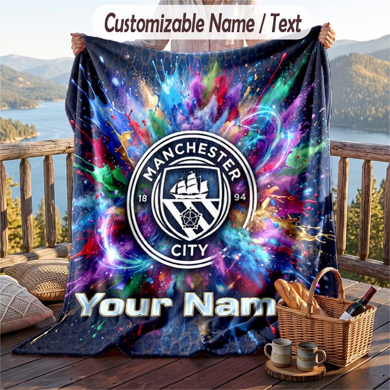 Flannel Blanket Manchester City Print Custom Name Text Soft Throw for Sofa Bed