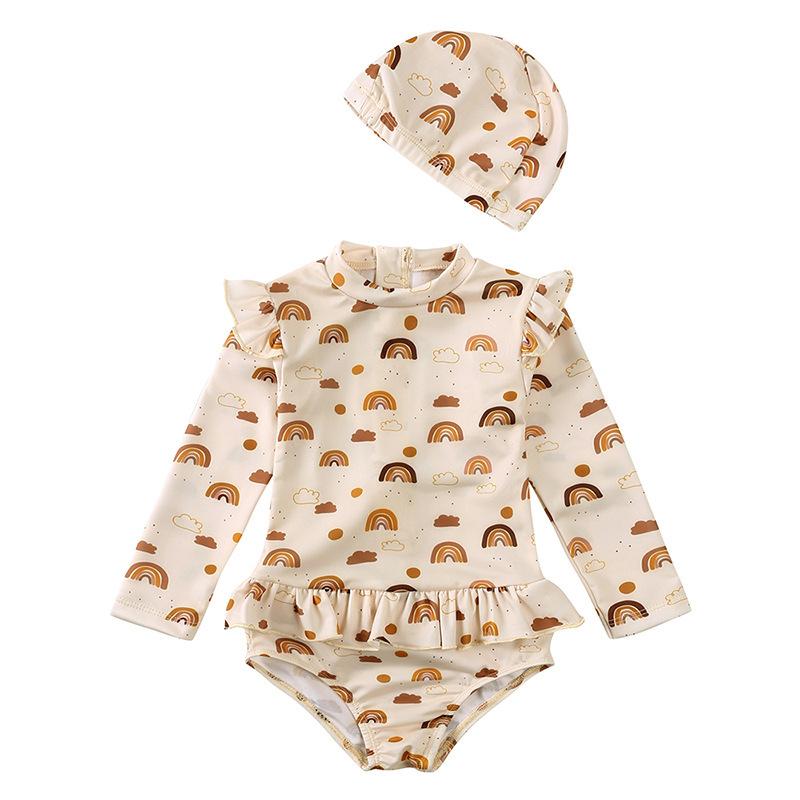 Girls Floral Long Sleeve Quick Dry One Piece Swimsuit with UPF Sun Protection for Kids 80