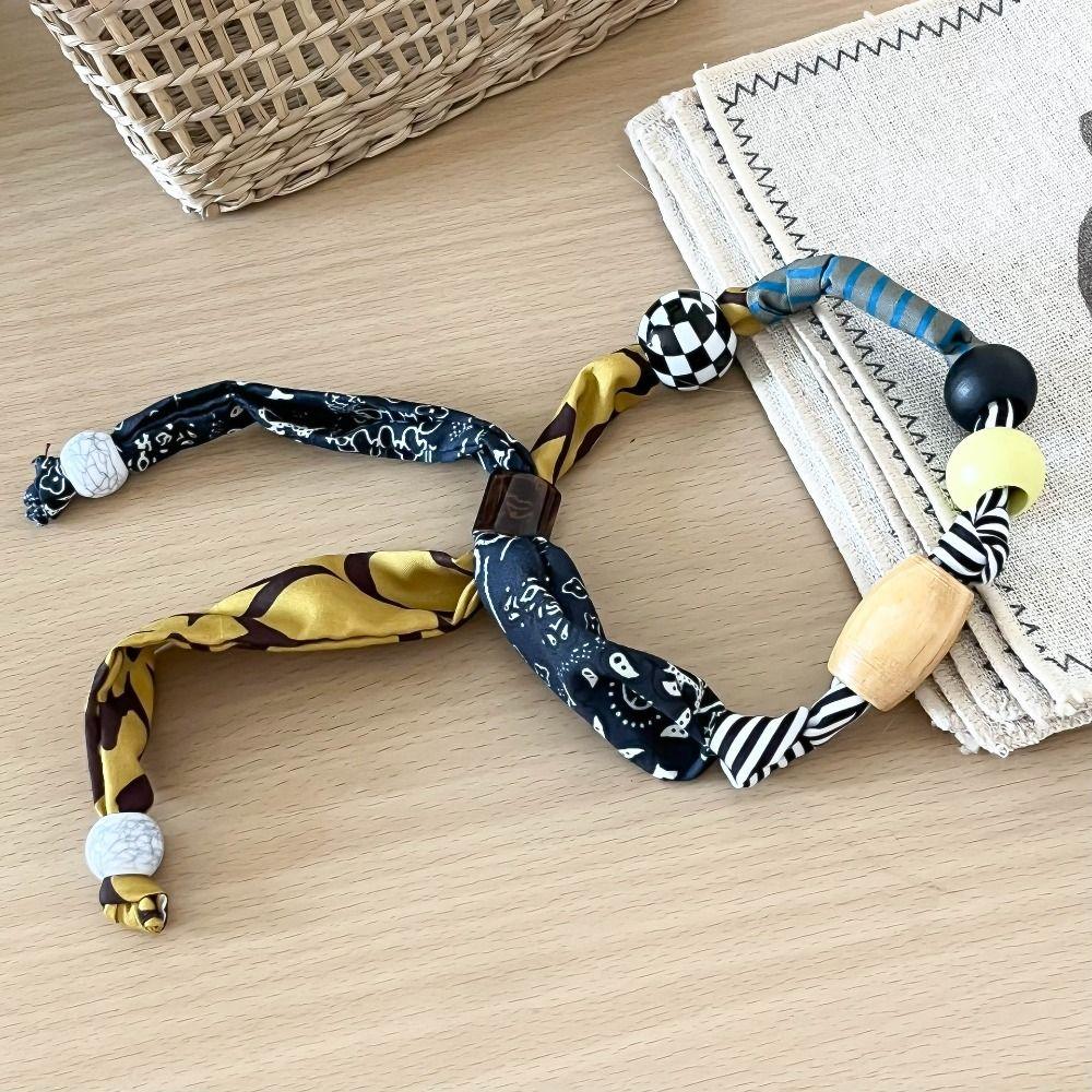 Clavicle Chain Patchwork Cloth Chain Necklace Multicolor Bohemian Choker Wood Bead Necklace  Girls