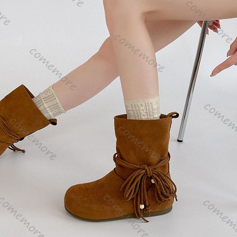 Fashion Comemore Fashion Tassel Bow Women Ankle Boots Autumn Winter Retro Style New Suede Temperament Shoes Casual Flat Short Botines