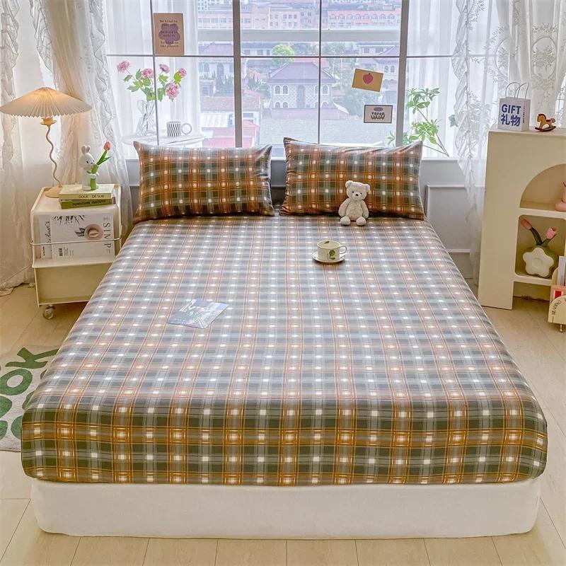 Kawaii Bear and Rabbits Printed Fitted Sheet Set Pure Cotton Cartoon Animals Mattress Cover for Kids Boys Girls Bedroom Decor