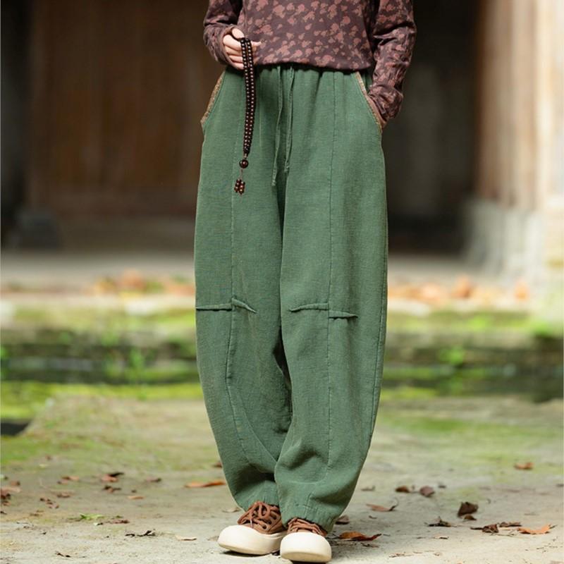 Johnature Women Winter Plush Warm Bloomers Pants Solid Color Trousers Elastic Waist Patchwork Pockets Long Pants
