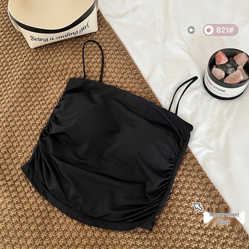 

Женский плиссированный топ-майка на одно плечо из ледяного шелка: Бюстье без спины и бретелей с фиксированными чашками, идеально подходит для многослойности или ношения отдельно Plus Size (120-150 lbs) чёрный