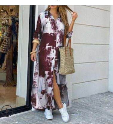 Damen Bedrucktes Hemdblusenkleid mit Umlegekragen und Knopfleiste 95% Polyester 5% Elasthan Locker Langarm Geschlitzter Saum Herbst Freizeit-Hemdblusenkleid S-3XL