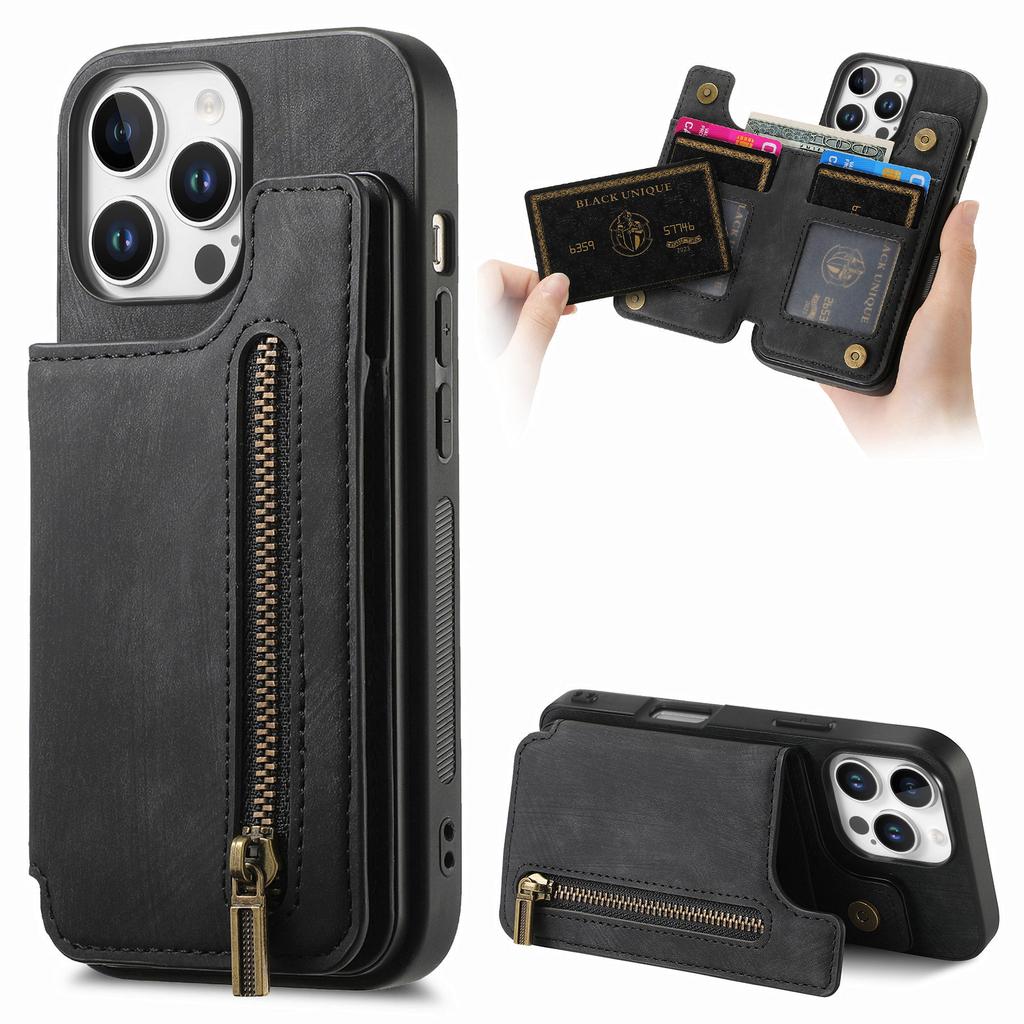 For iPhone 16 Pro Case with Zipper Card Holder Leather+TPU Phone Cover