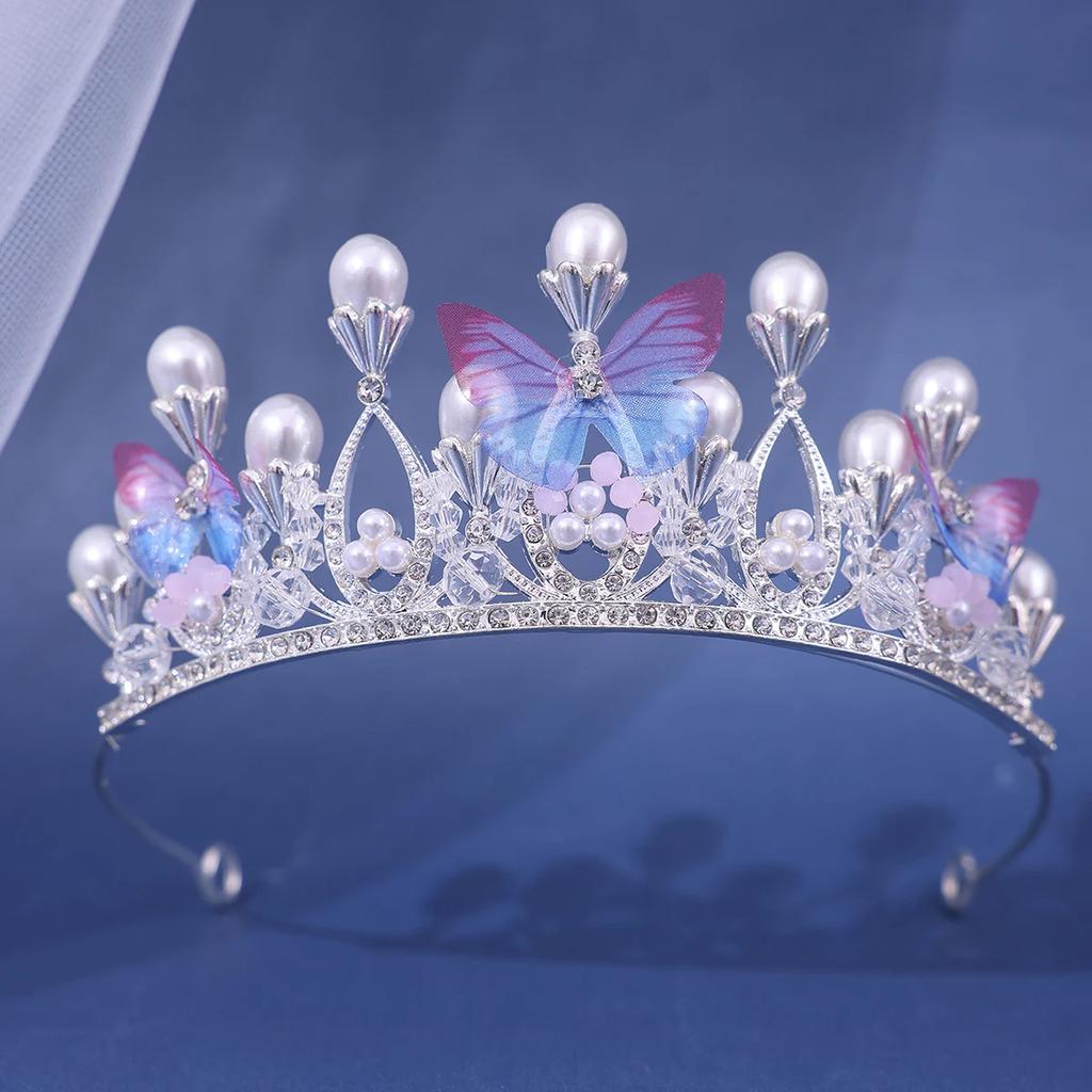Children and Adults Romantic Butterfly Shape Princess Crown for Girls Handmade Rhinestone Tiara Pearl Headband for Birthday