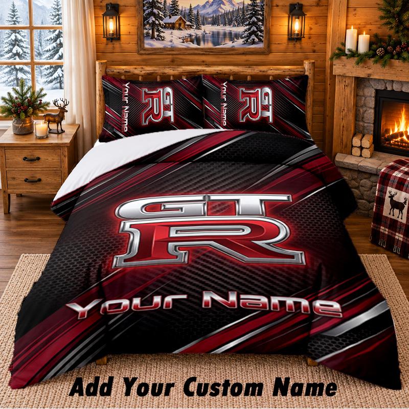 Nissan GT-R Pattern Bedding 3Pcs Set Custom Name, Bed Sheet And Pillowcases For Home Bedroom