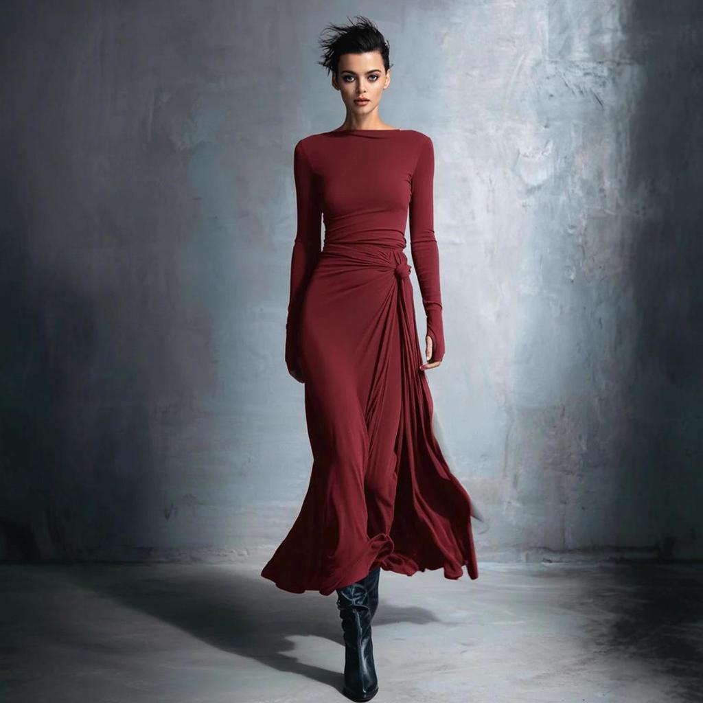 Autumn 2025 European & American One-Shoulder Twist Waist Maxi A-line Dress