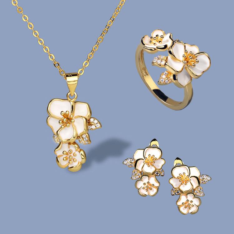 

Классический комплект ювелирных изделий для женщин, ослепительные цветочные серьги, кольцо, ожерелье, комплект, элегантные украшения, эмаль ручной работы