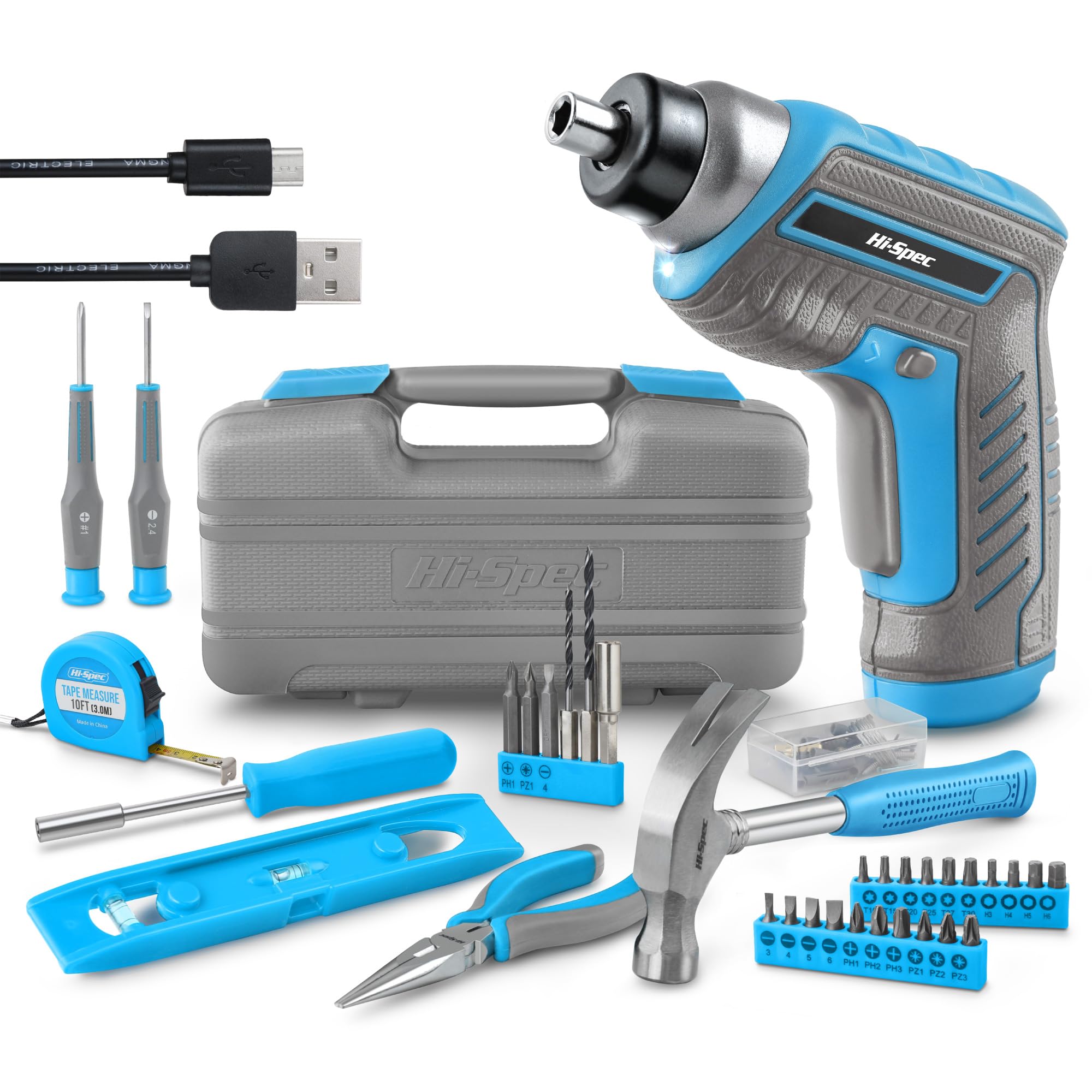 

Electric Screwdriver Set with USB Rechargeable Cordless Power Ideal for Home Furniture and Lightweight Blue Hi-Spec 3.6V 35-Piece Tool, DIY, Drilling, синій