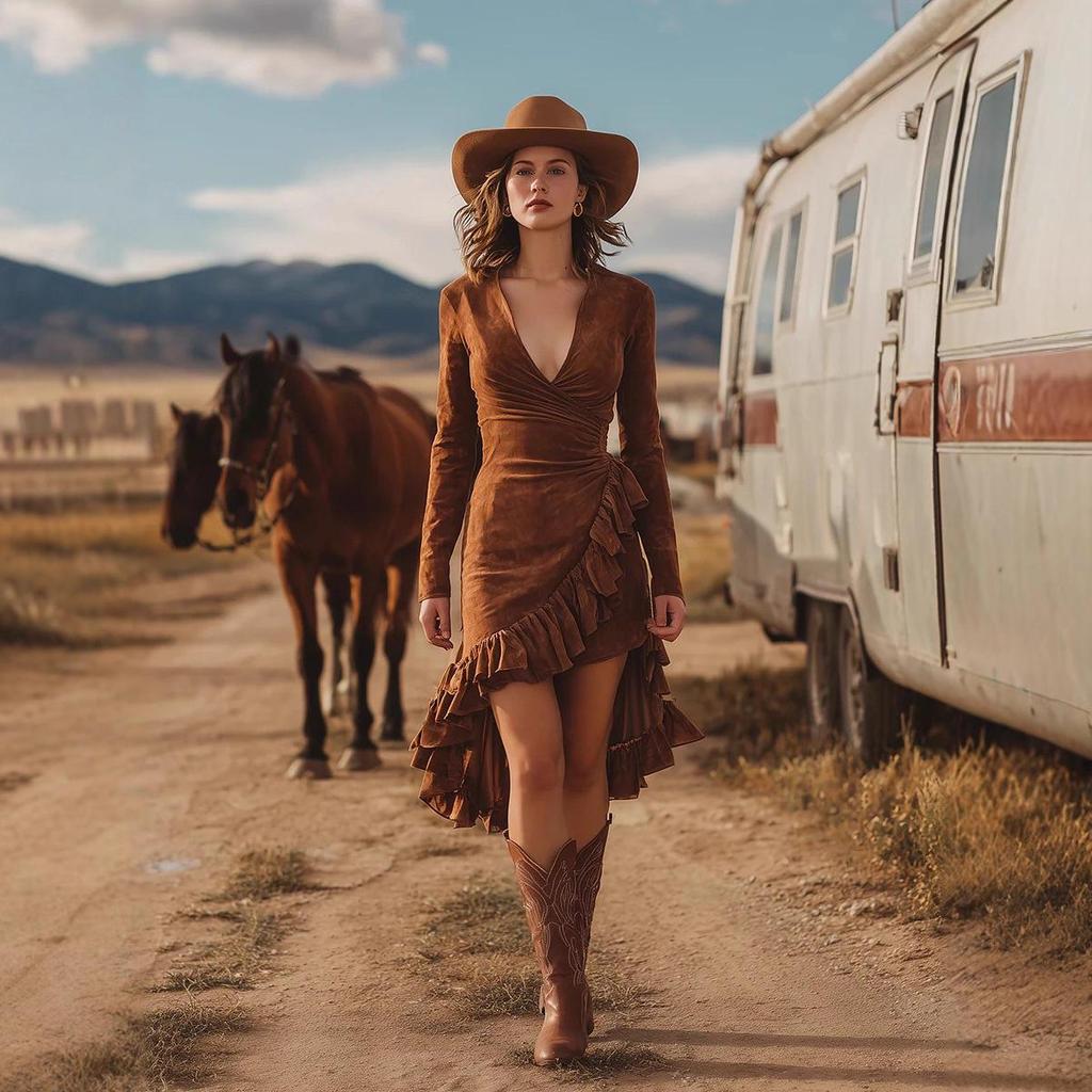 Elegantes Herbst 2025 Europäisches & Amerikanisches Mode Wildleder Kleid