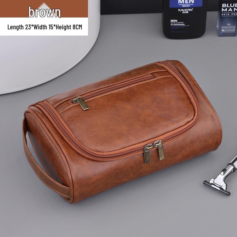 Men s PU Leather Handheld Cosmetic Bag: High-Capacity Waterproof Toiletry Travel Case