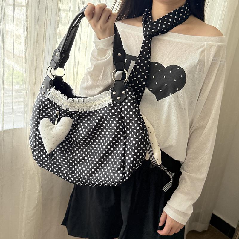 Y2k Polka Dot Wing Tote Bag Double-sided Lace Trim Shoulder Bag Large Capacity Harajuku Style Canvas Handbag Cute Casual Purse
