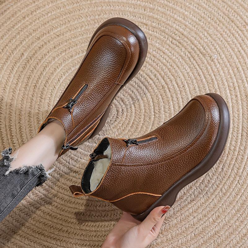 Cowhide Cotton Shoes, Flat-bottomed Wool Short Boots, Women's Winter Plus Velvet Warm Boots, Soft-soled Non-slip Leather Boots