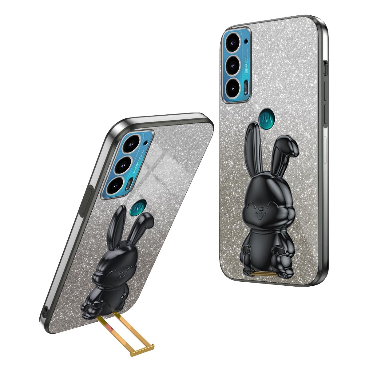 

For Motorola Edge 20 Cell Phone Case Cartoon Rabbit Glitter Powder Cover with Kickstand Black