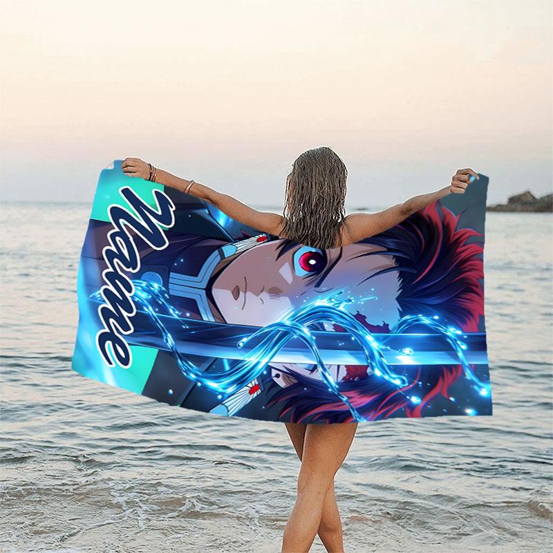 1pc Demon Slayer1 Beach Towel with Custom Name, Beach/Swimming/Bath/Picnic/Camping Towel, Suitable for Seaside Beaches