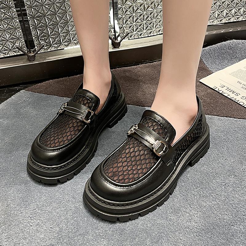 Leather Heightening Little White Shoes Women's 2025 New Summer Breathable One-pedal Single Shoes Casual Mesh British Loafers