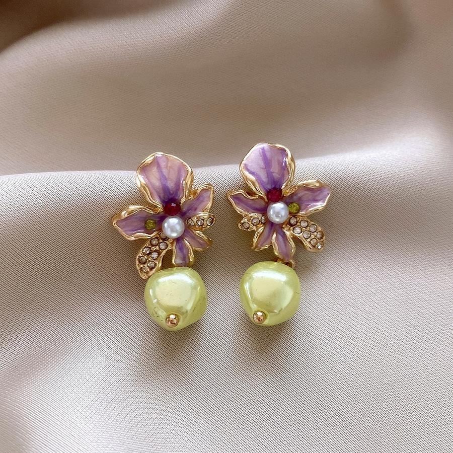 Посеребренные серьги-гвоздики с капающим маслом, цветок и жемчуг, французский ретро-стиль, серьги женские