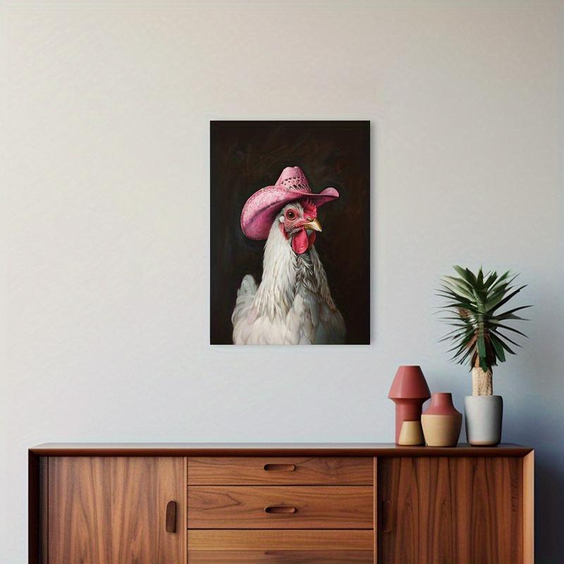 

Wooden frame - chicken wearing pink denim hat print canvas wall art poster decoration wall art - including hanging hardware 20*30cm(with frame)