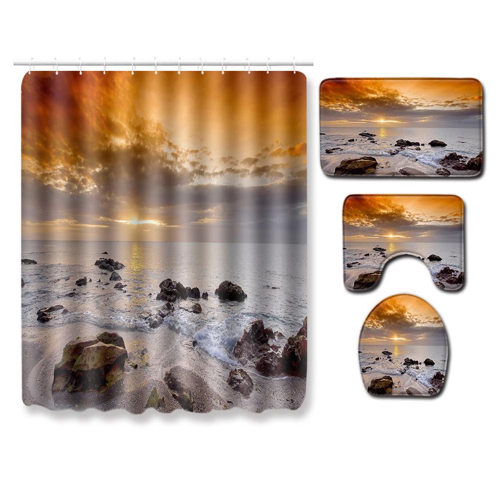 Landscape Shower Curtain Floor Mat Combination Four-Piece Set Bathroom Toilet Carpet Shower Room Mat Foot Mat